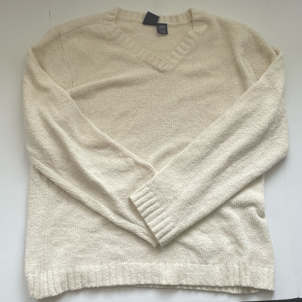 Basic Editions V-Neck Cream Fuzzy Sweater